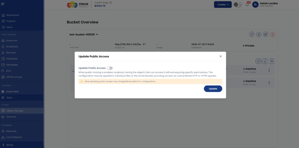 Screenshot: CMP — Update Public Access (share bucket) modal