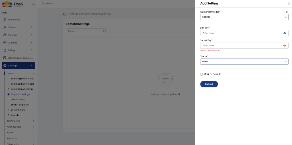 Screenshot: CMP Captcha Settings — Add Setting for GOOGLE
