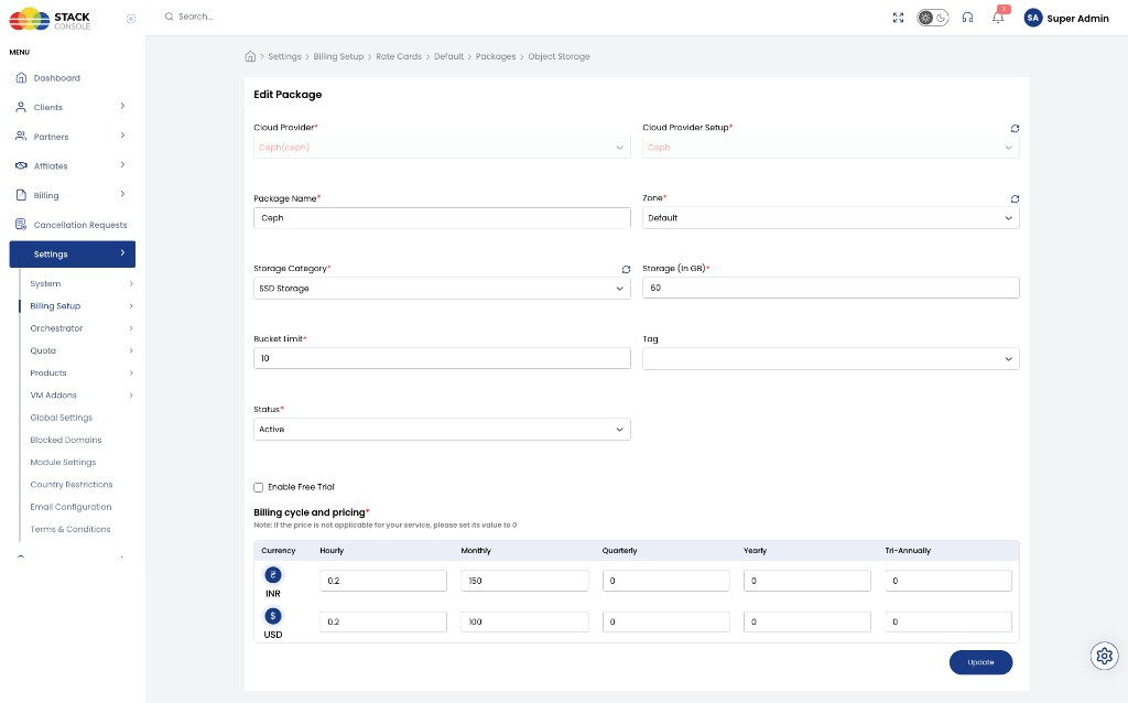 Screenshot: CMP — Edit Package form for Ceph Object Storage