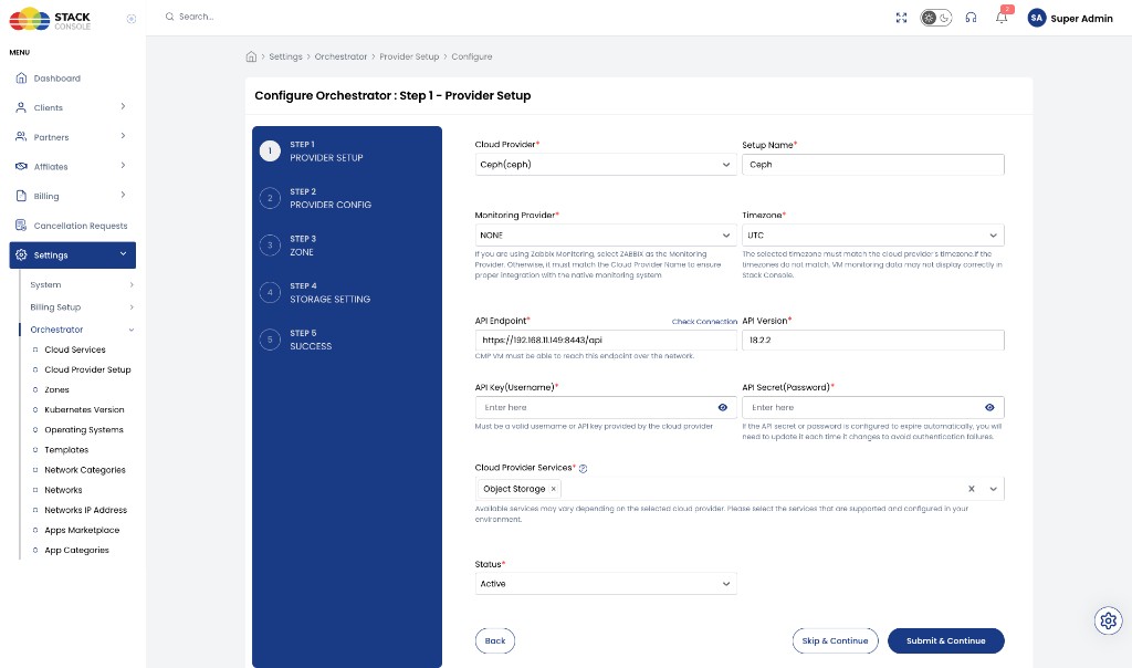 Screenshot: CMP — Step 1 Provider Setup with Ceph and Object Storage selected