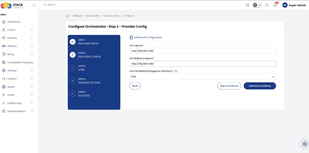 Screenshot: CMP — Step 2 Provider Config with S3 endpoints and One GB Multiplier