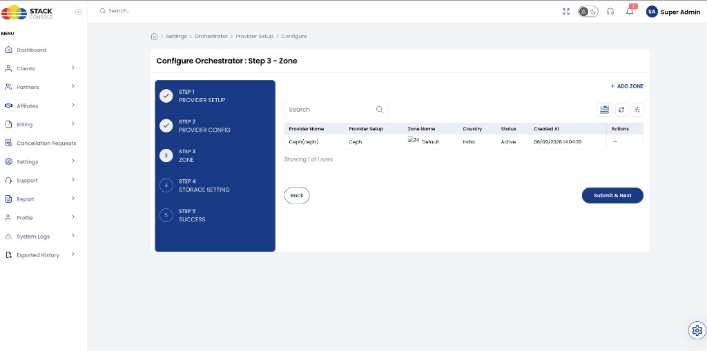 Screenshot: CMP — Step 3 Zone listing for Ceph
