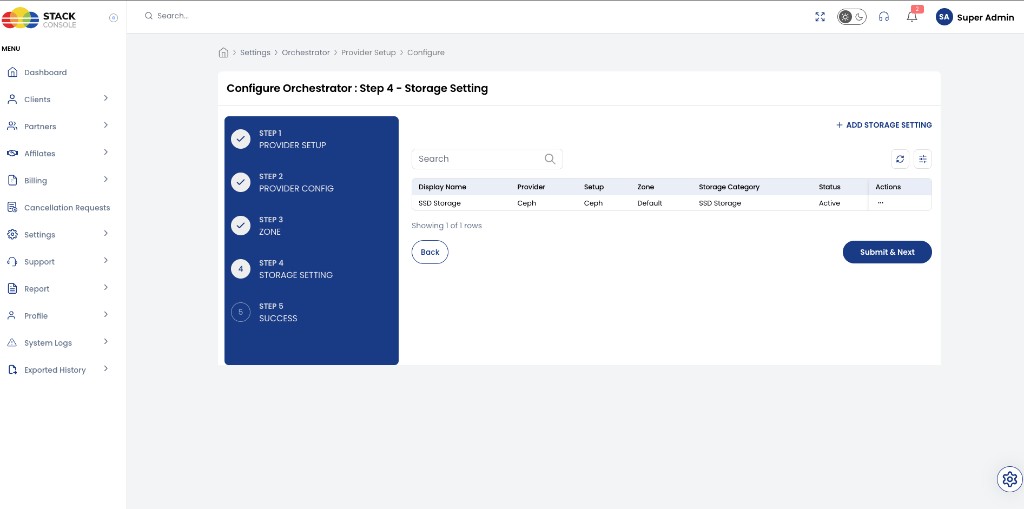 Screenshot: CMP — Step 4 Storage Setting listing for Ceph