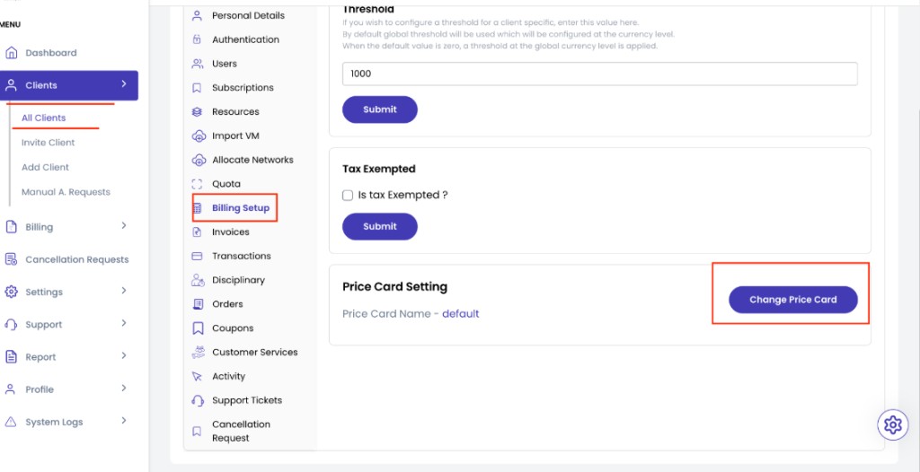 Screenshot: Client Billing Setup — Price Card Setting with Change Price Card