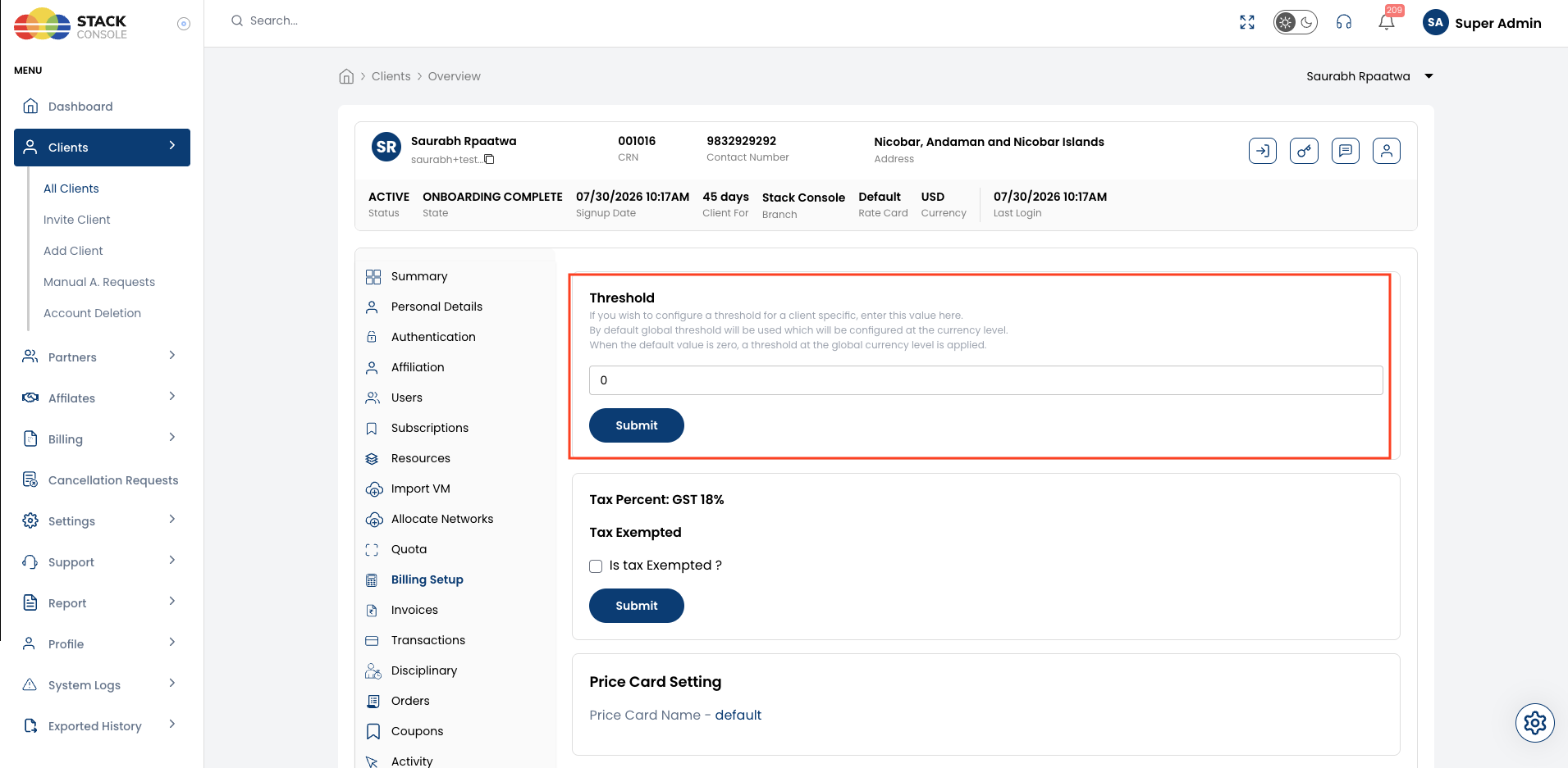 Screenshot: Client Overview — Billing Setup Threshold