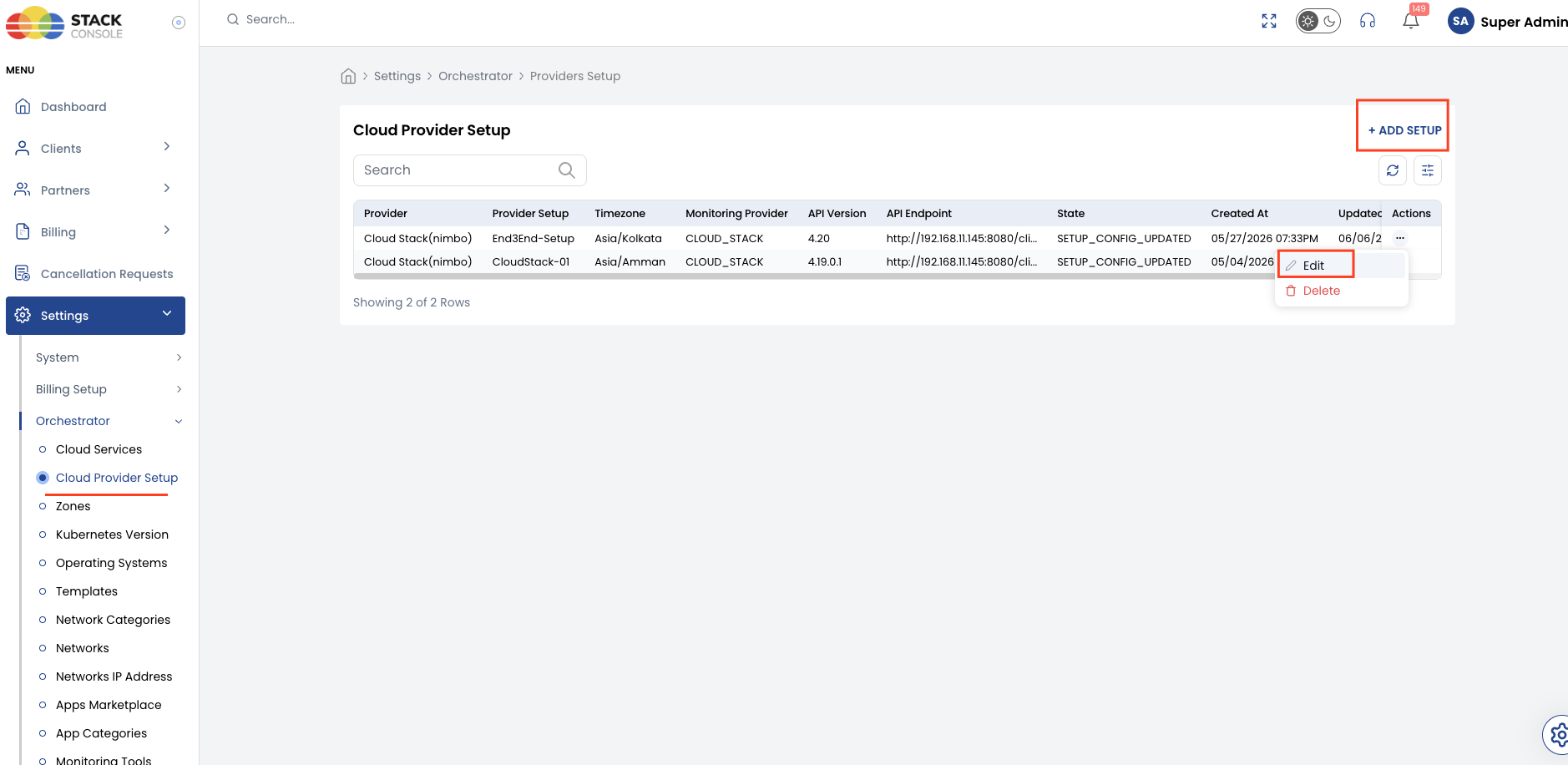 Screenshot: CMP — Cloud Providers list page with Add button