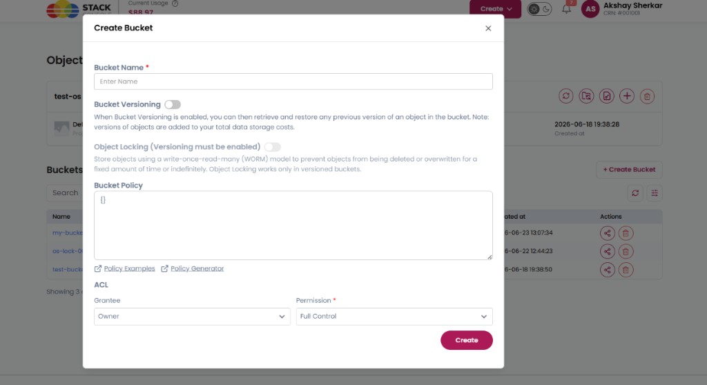 Screenshot: CMP — Create Bucket modal