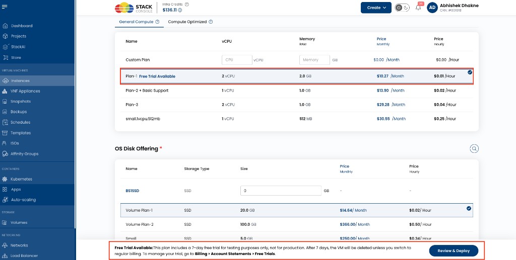 Screenshot: Create Instance — Free Trial Available badge and footer notice