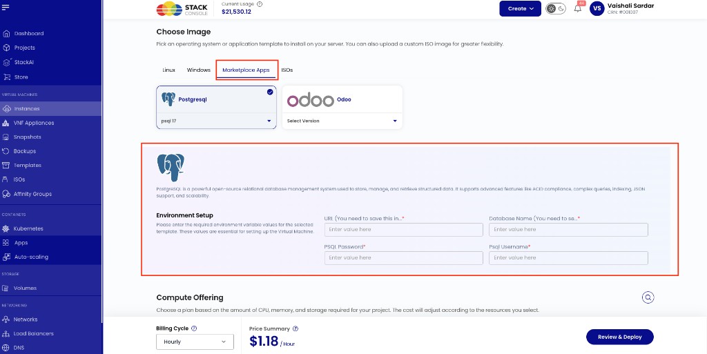 Screenshot: Create Instance — Marketplace Apps tab with environment setup fields