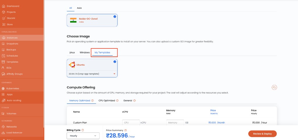 Screenshot: CMP — Create Instance Choose Image with My Templates selected
