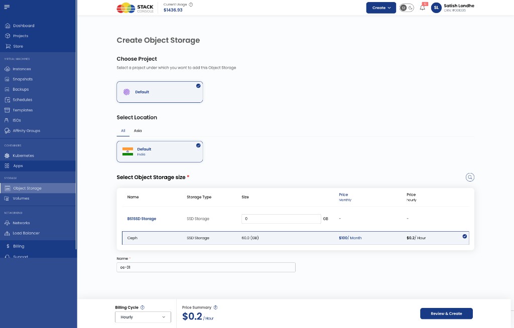 Screenshot: CMP customer portal — Create Object Storage form