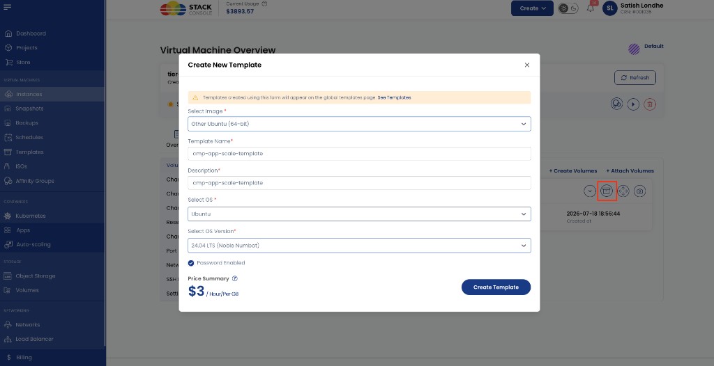 Screenshot: CMP — Create New Template from VM root volume