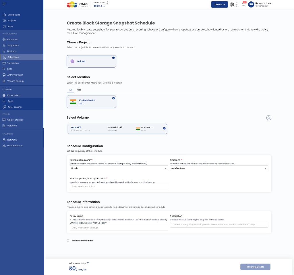 Create Block Storage Snapshot Schedule
