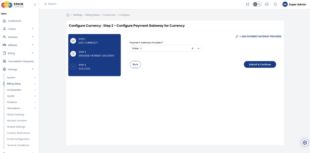 Screenshot: CMP — Configure Currency Step 2 Manage Payment Gateway