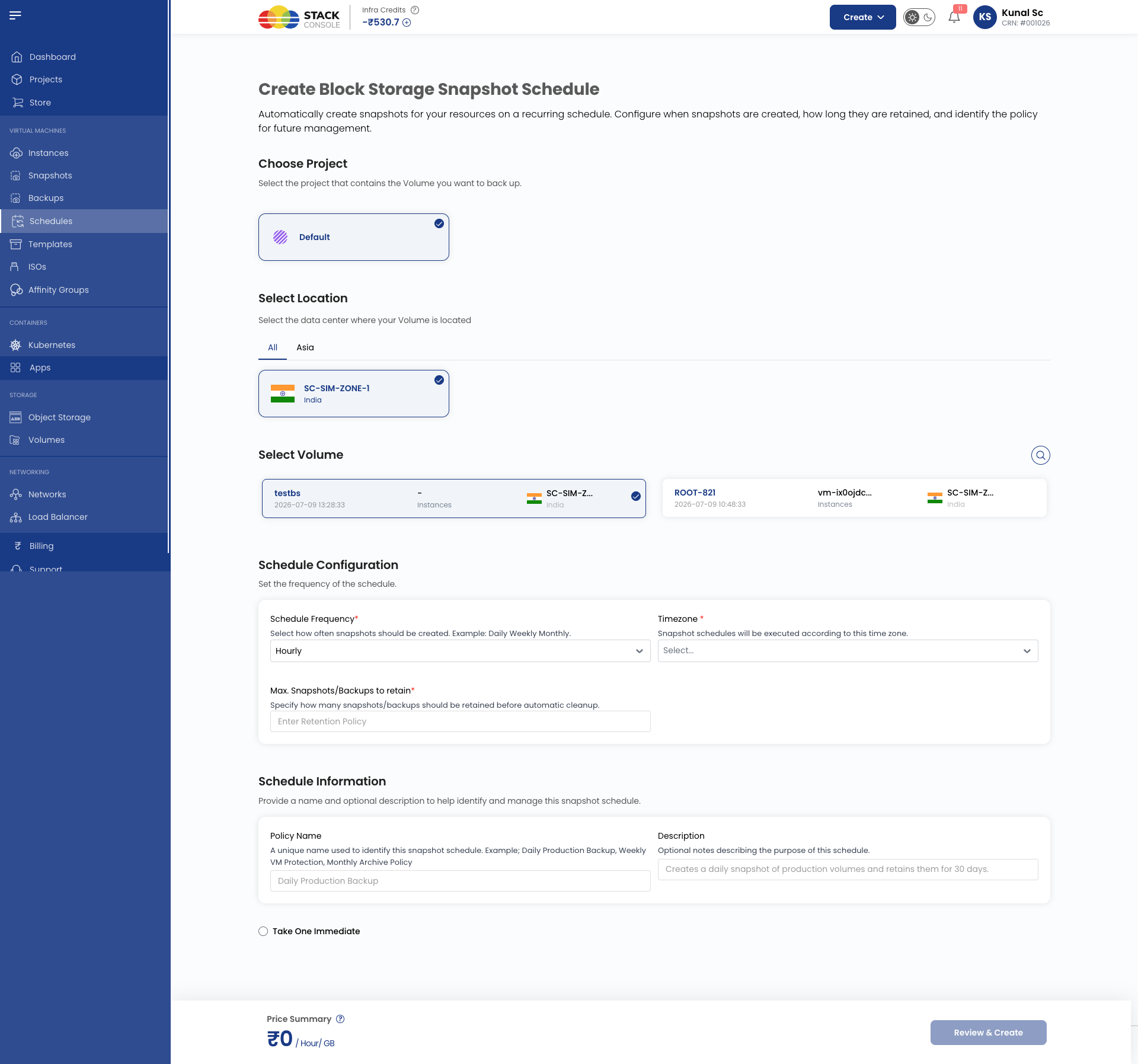 Screenshot: CMP — Customer Create Block Storage Snapshot Schedule
