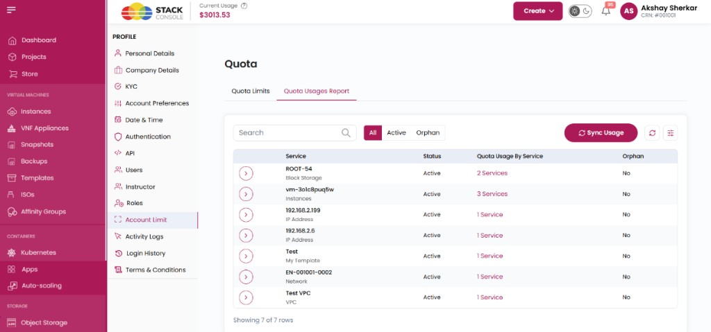 Screenshot: Customer portal — Quota Usages Report with Sync Usage