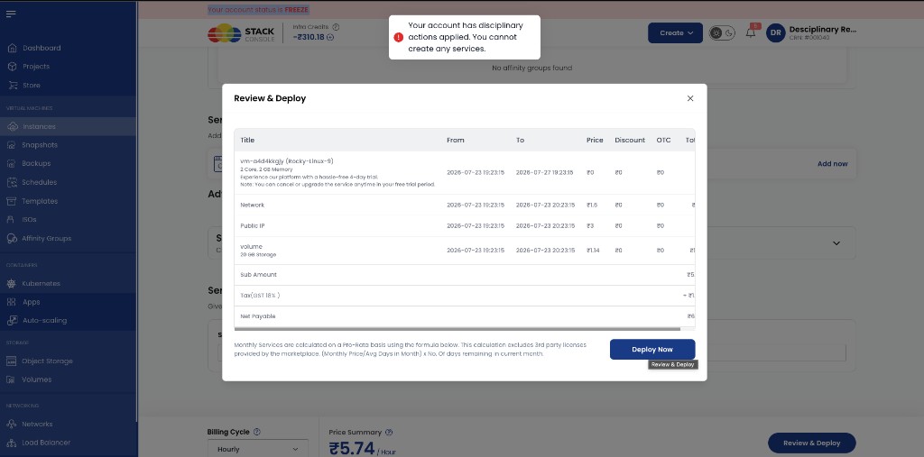 Screenshot: Customer portal — FREEZE status banner and blocked service create