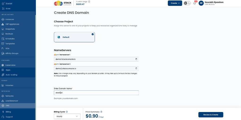 Screenshot: Customer portal — Create DNS Domain with billing