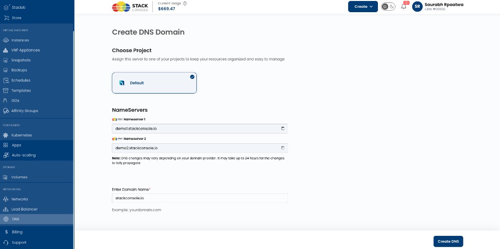 Screenshot: Customer portal — Create DNS Domain
