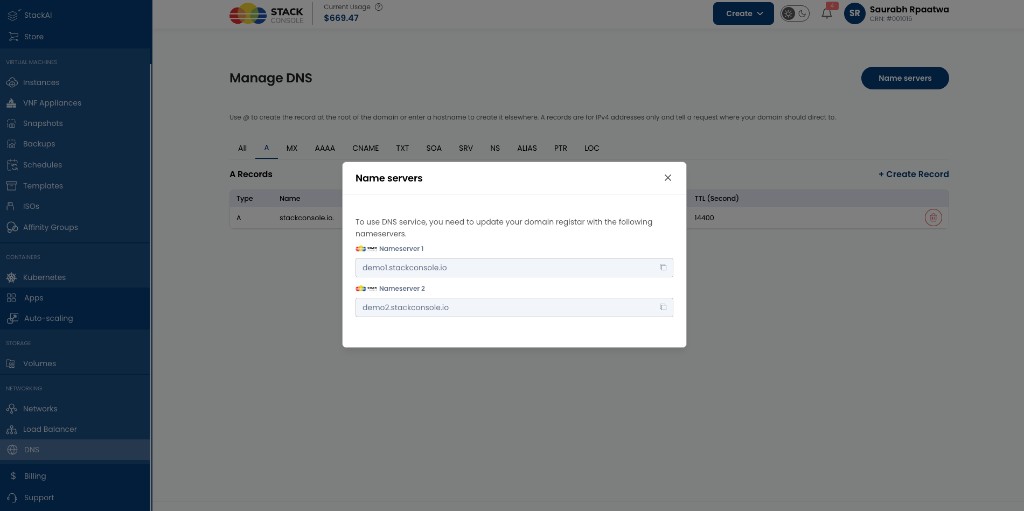 Screenshot: Customer portal — Name servers modal