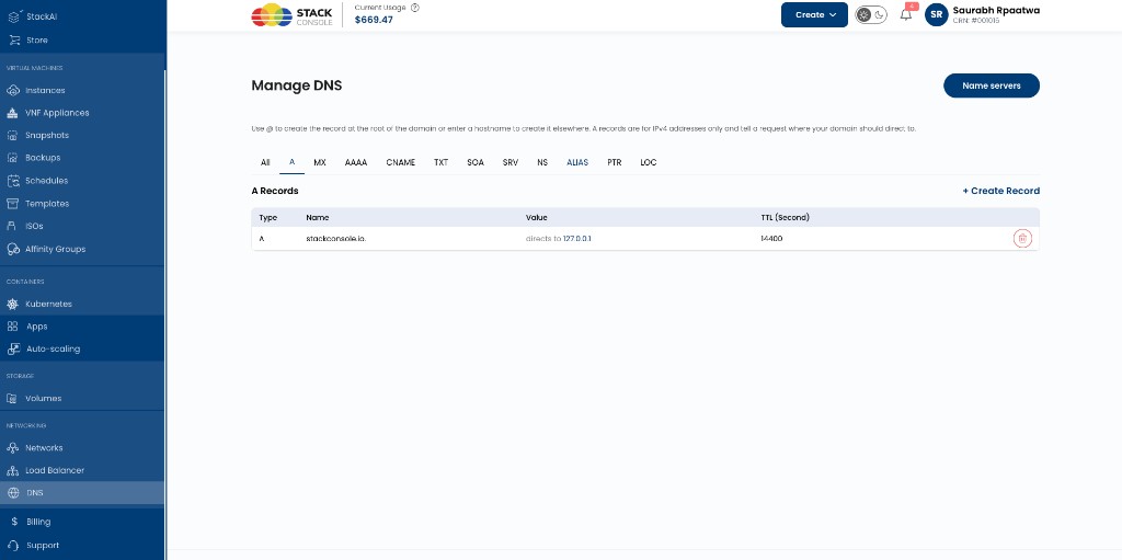 Screenshot: Customer portal — Manage DNS (A records)