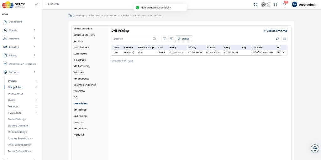 Screenshot: CMP — DNS Pricing package list