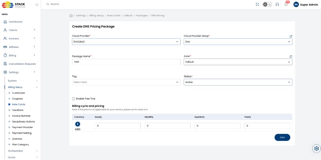 Screenshot: CMP — Create DNS Pricing Package form