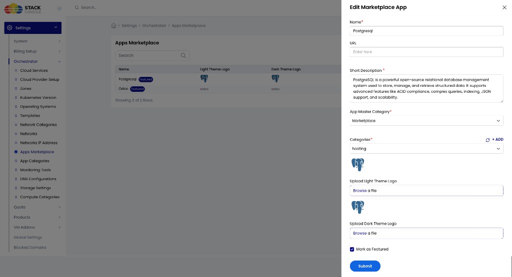 Screenshot: Edit Marketplace App — name, description, categories, logos