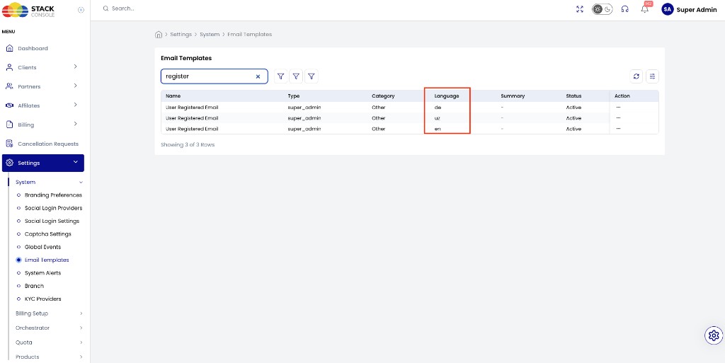 Screenshot: Admin — Email Templates list filtered by register, showing Language column de / uz / en