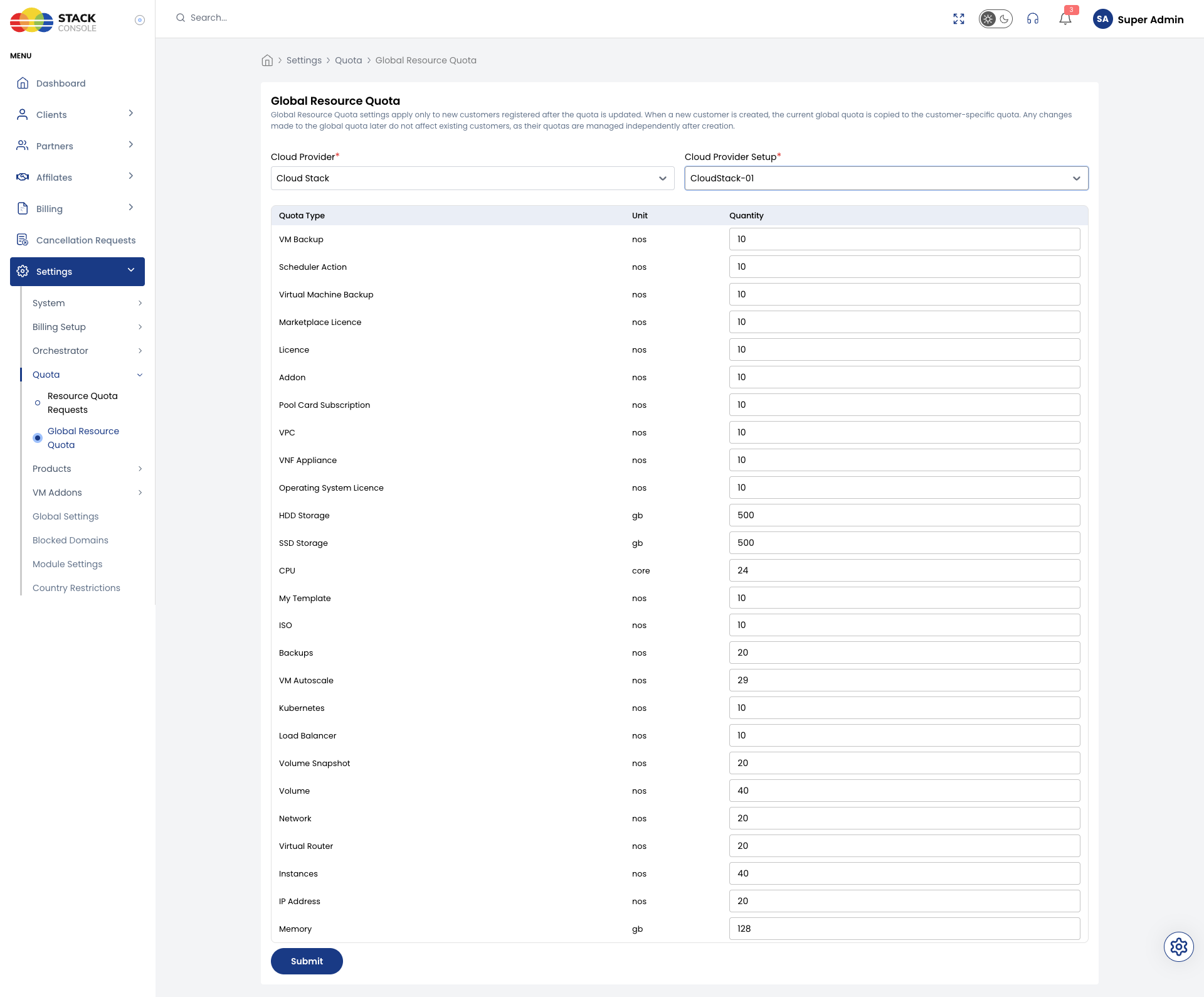 Screenshot: CMP — Settings → Quota → Global Resource Quota