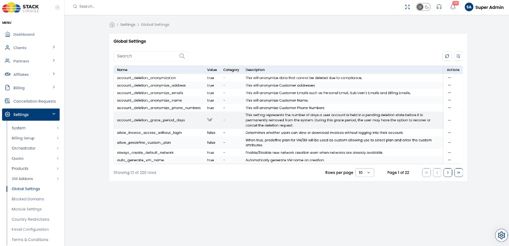 Screenshot: CMP admin — Global Settings list