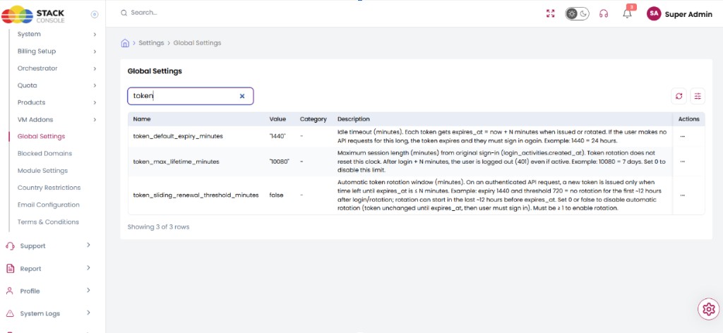 Screenshot: CMP admin — Global Settings token expiry flags