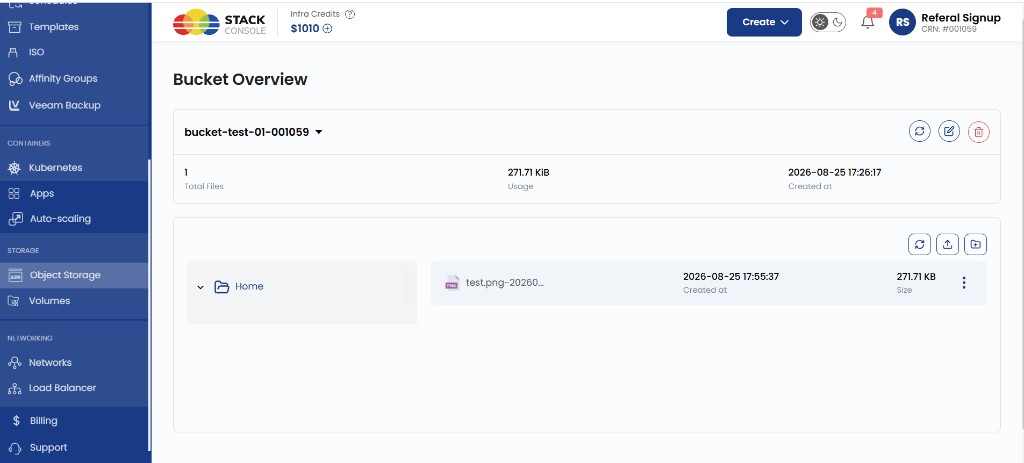 Screenshot: Bucket Overview with uploaded file, usage, and folder tree