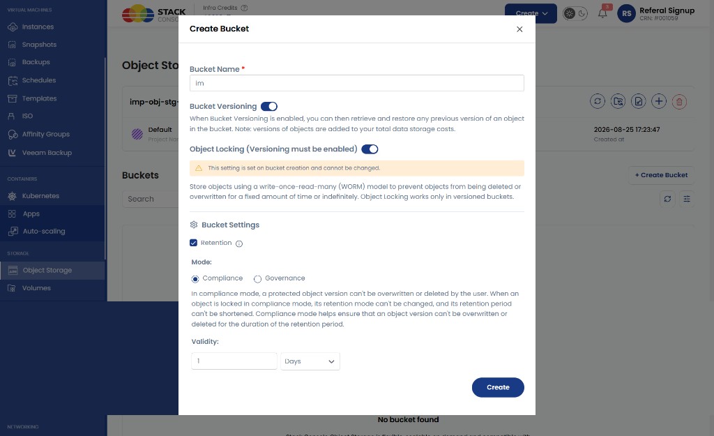 Screenshot: CMP — Create Bucket with versioning and Object Lock