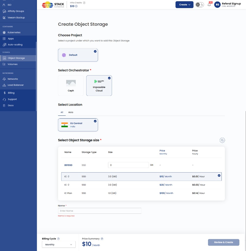 Screenshot: CMP customer portal — Create Object Storage with Impossible Cloud