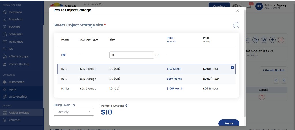 Screenshot: Resize Object Storage — select plan, billing cycle, and payable amount