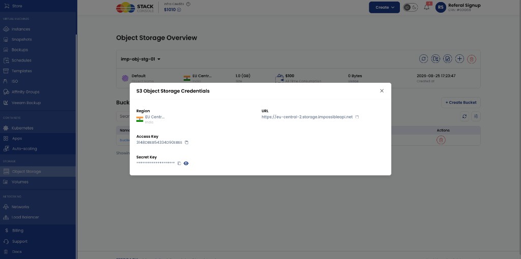 Screenshot: S3 Object Storage Credentials modal with Region, URL, Access Key, and Secret Key