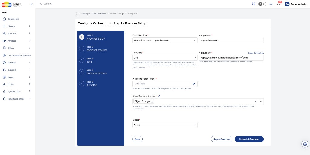 Screenshot: CMP — Step 1 Provider Setup with Impossible Cloud and Object Storage