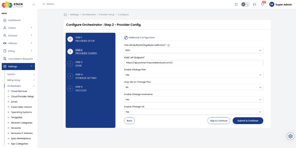 Screenshot: CMP — Step 2 Provider Config with ICMC API Endpoint