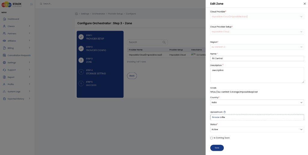 Screenshot: CMP — Step 3 Zone with EU Central region and S3 URI