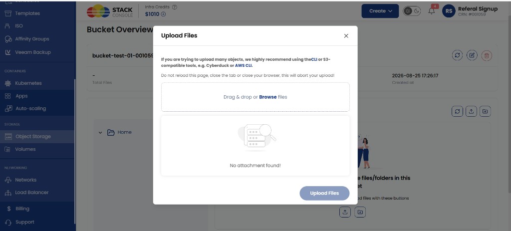 Screenshot: Upload Files modal with drag-and-drop and CLI recommendation