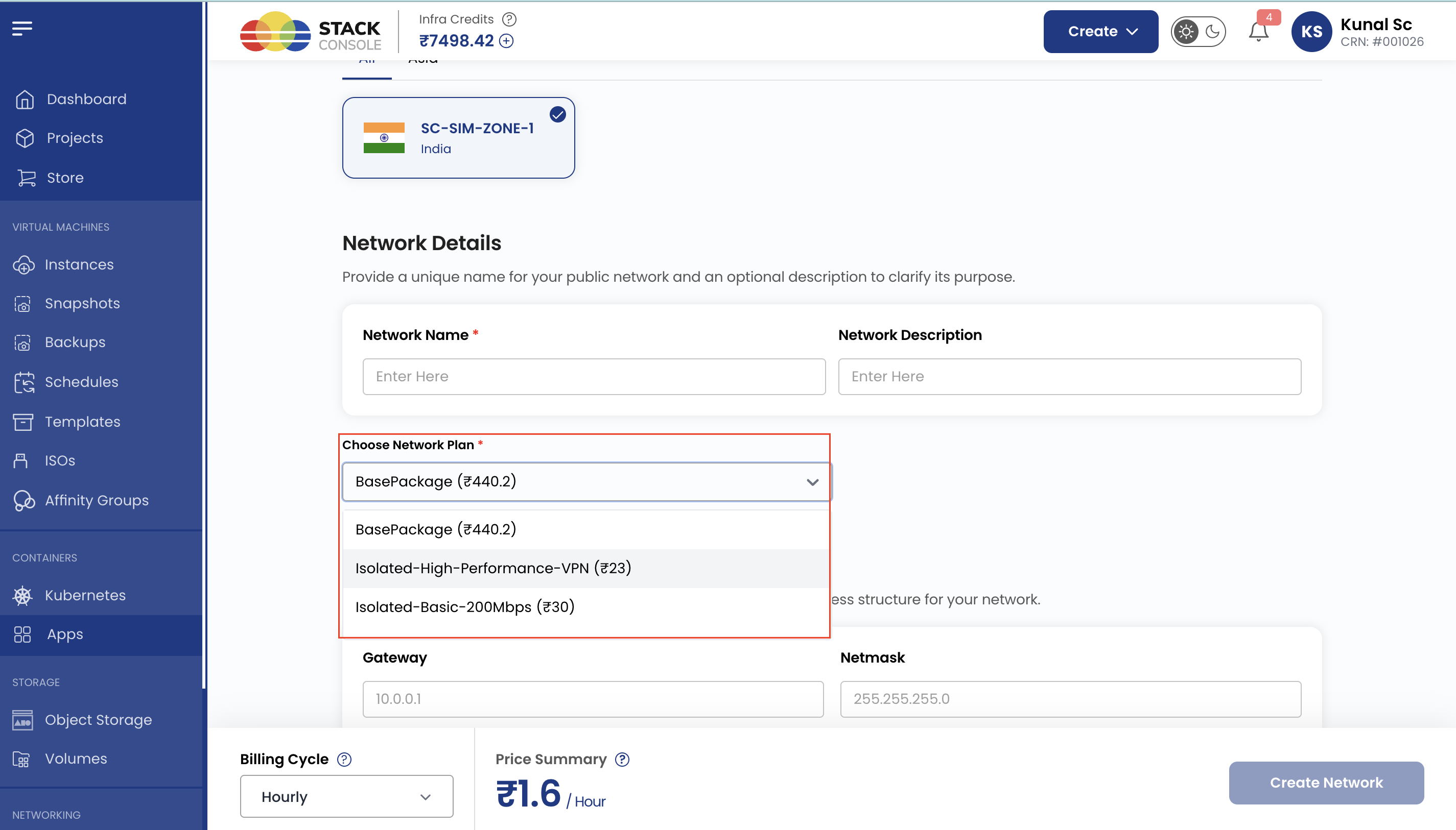 Screenshot: CMP — customer selects isolated network package