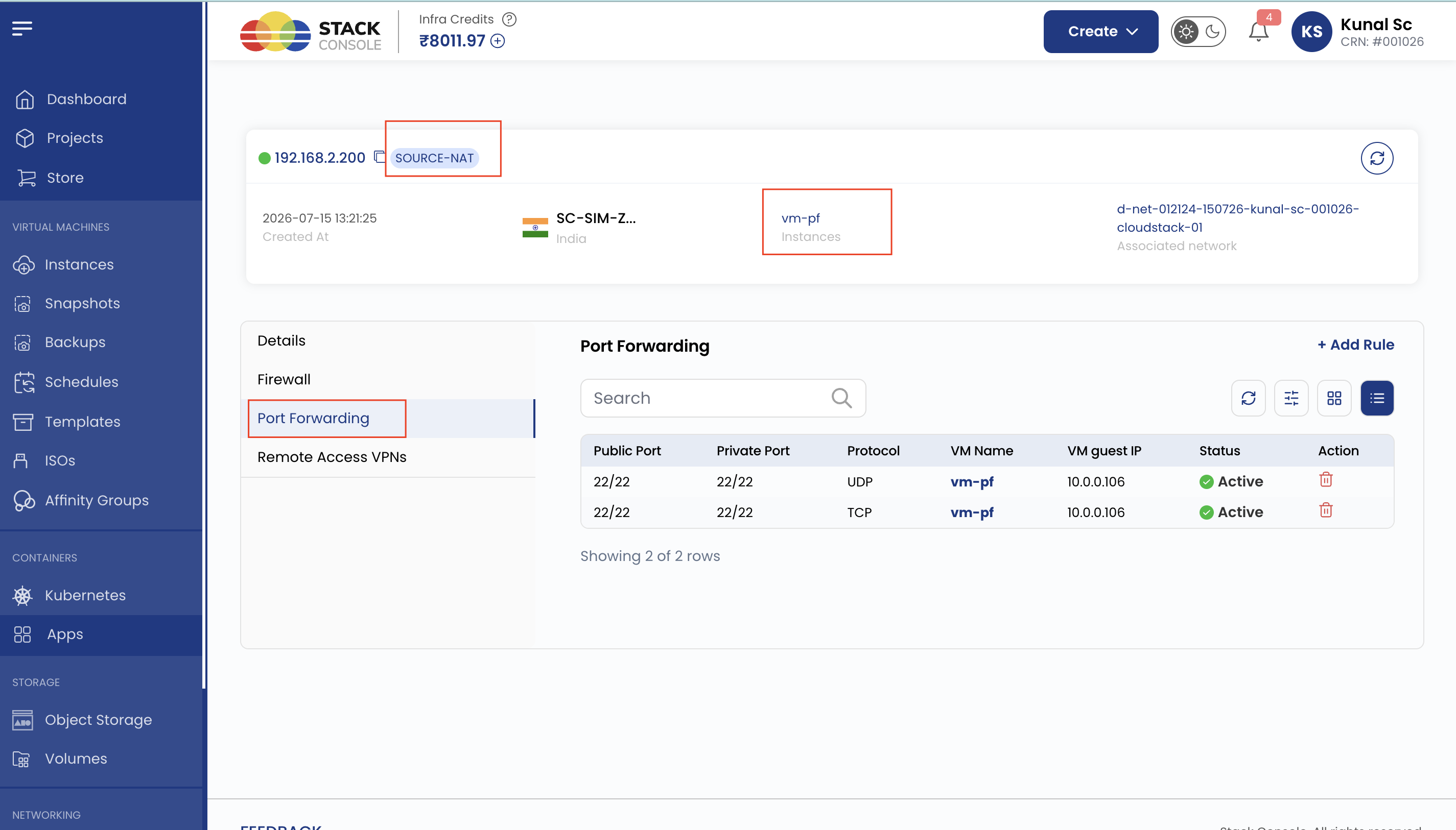 Screenshot: CMP — public IP / Source NAT association on isolated network