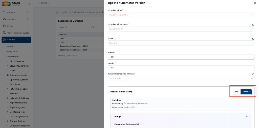 Update Kubernetes Version — Documentation Config Preview