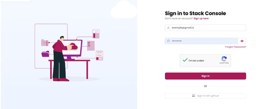 Screenshot: Stack Console sign-in page with Google reCAPTCHA v2 checkbox validated