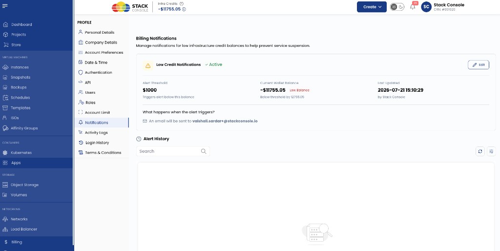 Screenshot: CMP — Billing Notifications / Low Credit Notifications