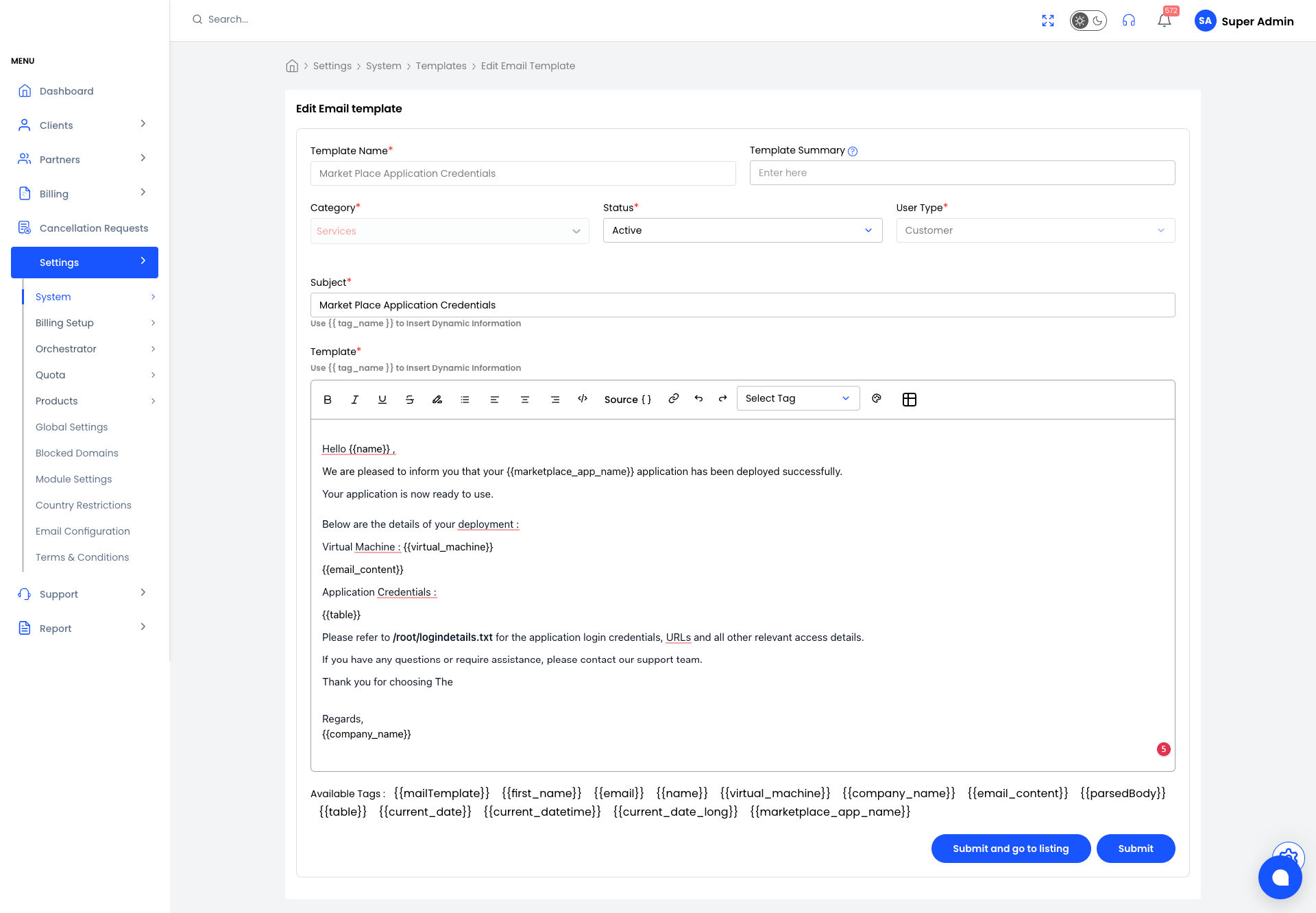 Screenshot: Edit Email Template — Market Place Application Credentials with {table} and {email_content}
