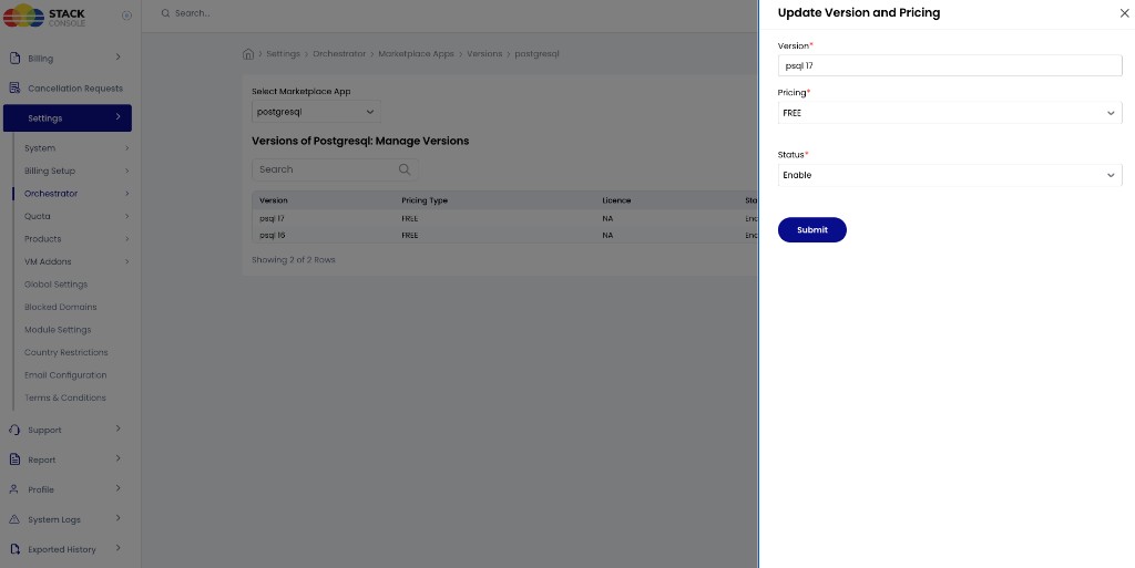 Screenshot: Marketplace App versions — Update Version and Pricing