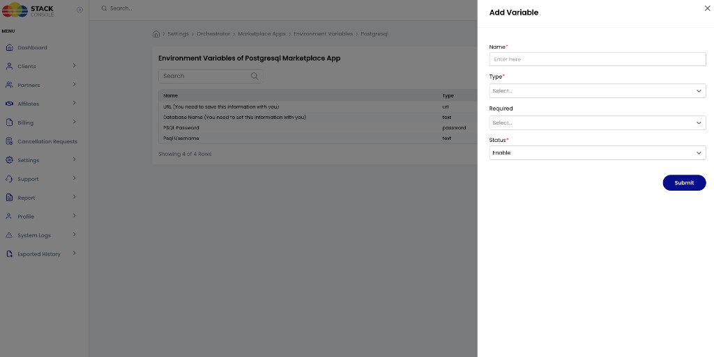 Screenshot: Environment Variables of Postgresql — Add Variable panel