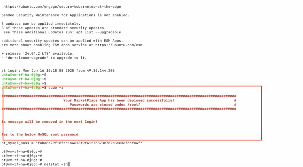 Screenshot: SSH login banner after Marketplace App deploy — success message and MySQL password